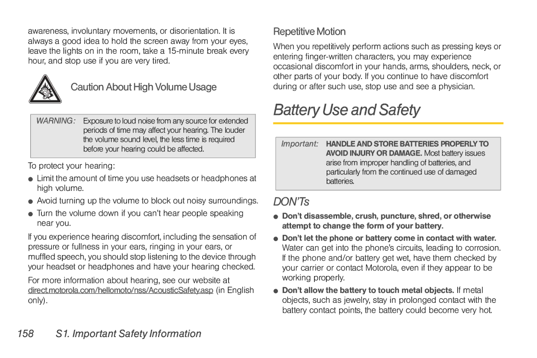 Nortel Networks I680 manual Battery Use and Safety, DON’Ts, RepetitiveMotion, 158 S1. Important Safety Information 