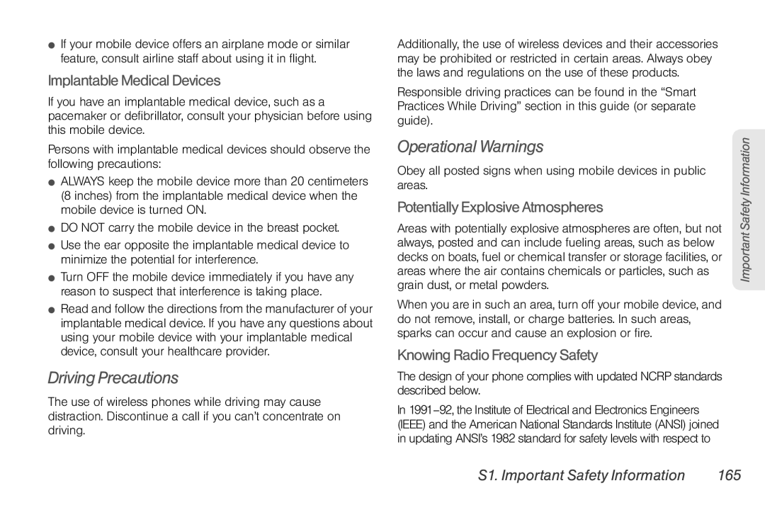 Nortel Networks I680 manual Driving Precautions, Operational Warnings, S1. Important Safety Information 165 