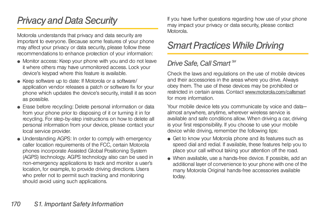 Nortel Networks I680 manual Privacy and Data Security, Smart Practices While Driving, Drive Safe, Call Smart SM 