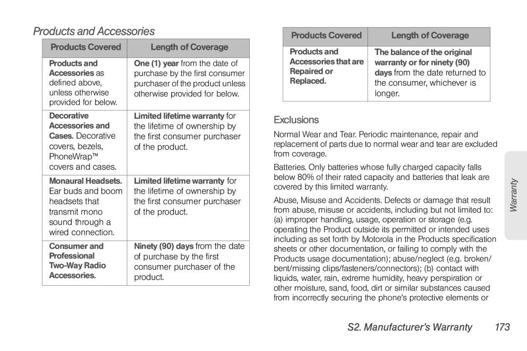 Nortel Networks I680 manual Products and Accessories, Exclusions, S2. Manufacturer’s Warranty 173 