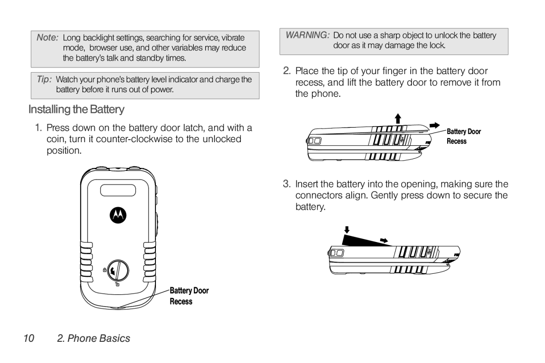 Nortel Networks I680 manual InstallingtheBattery, 10 2. Phone Basics 