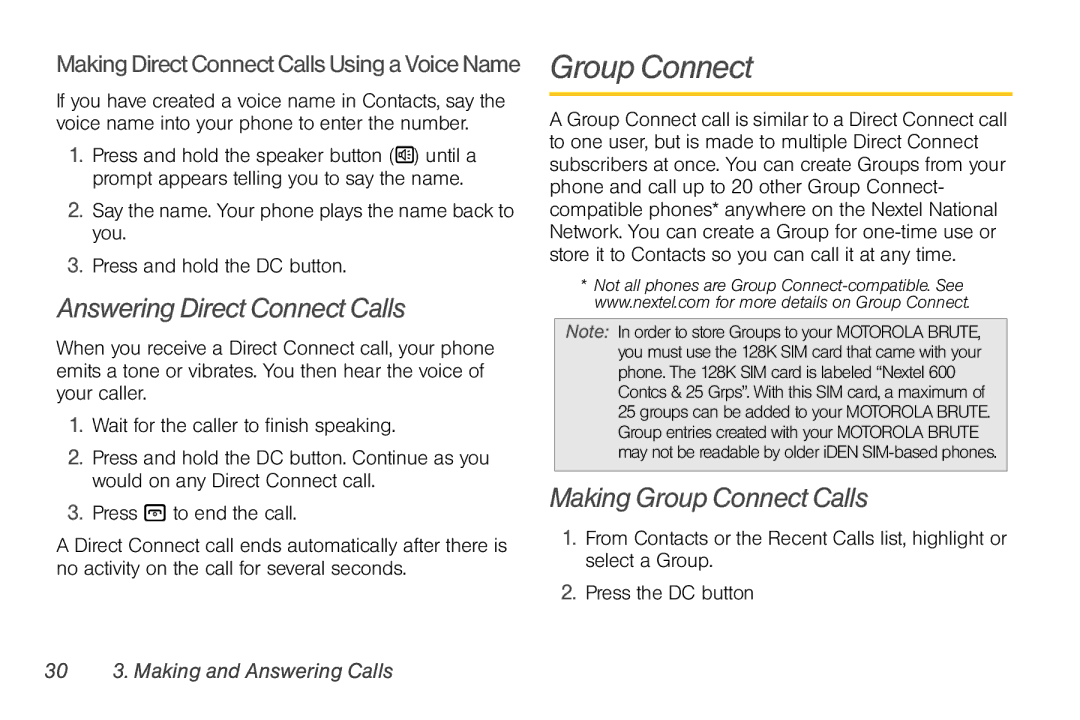 Nortel Networks I680 Answering Direct Connect Calls, Making Group Connect Calls, 30 3. Making and Answering Calls 