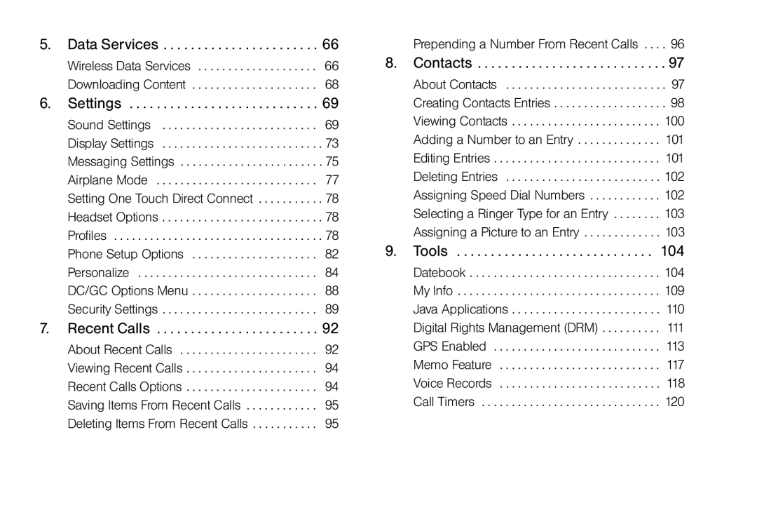 Nortel Networks I680 manual Data Services, Settings, Recent Calls, Contacts, Tools 