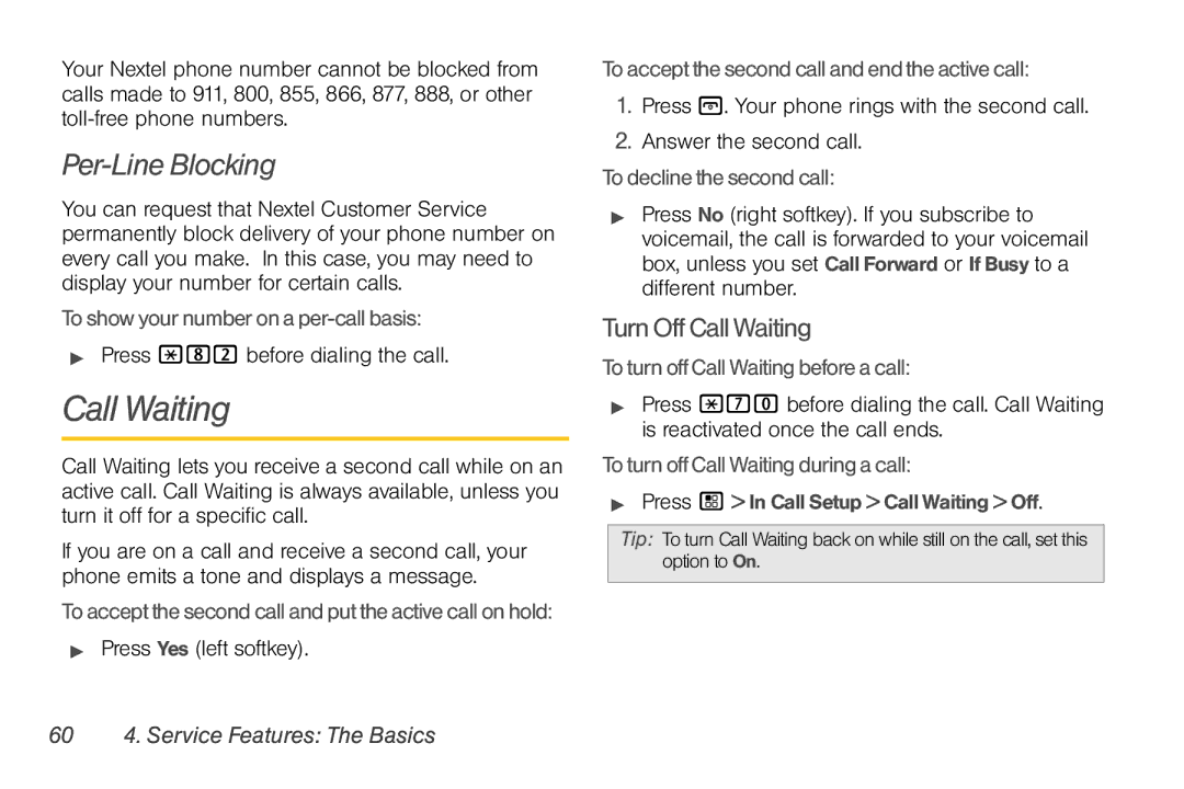 Nortel Networks I680 manual Call Waiting, Per-Line Blocking, TurnOffCallWaiting, 60 4. Service Features The Basics 