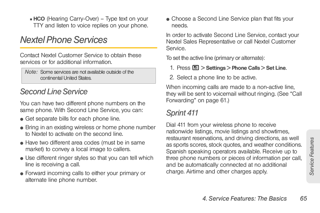 Nortel Networks I680 manual Nextel Phone Services, Second Line Service, Sprint, Tosettheactive line primaryoralternate 