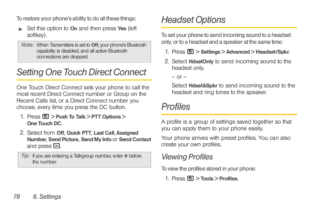 Nortel Networks I680 manual Setting One Touch Direct Connect, Headset Options, Viewing Profiles, 78 6. Settings 