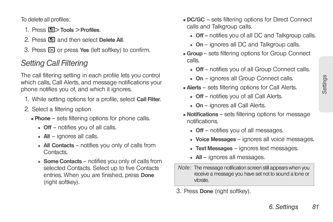 Nortel Networks I680 manual Setting Call Filtering, Todeleteallprofiles 