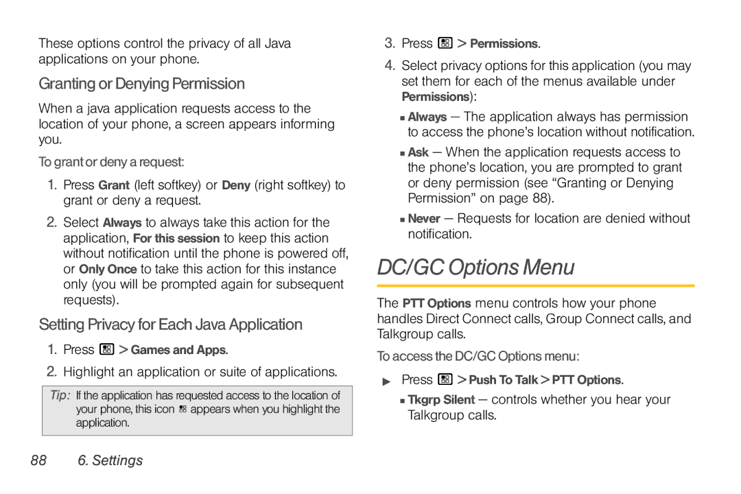 Nortel Networks I680 DC/GC Options Menu, GrantingorDenyingPermission, SettingPrivacyforEachJavaApplication, 88 6. Settings 