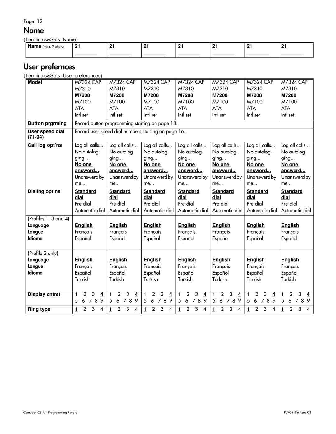 Nortel Networks ICS 4.1 manual Name, User prefernces 