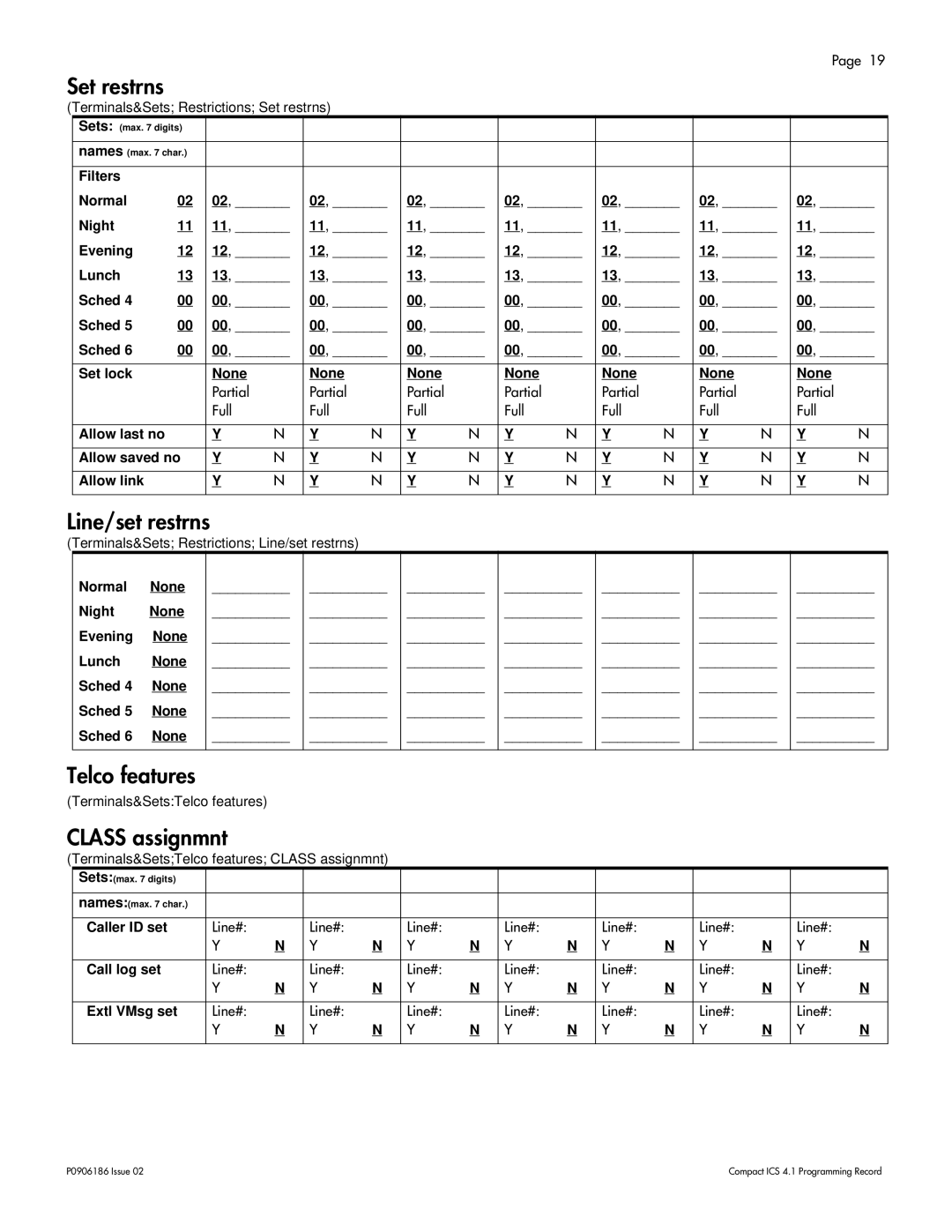 Nortel Networks ICS 4.1 manual Set restrns, Line/set restrns, Telco features, Class assignmnt 