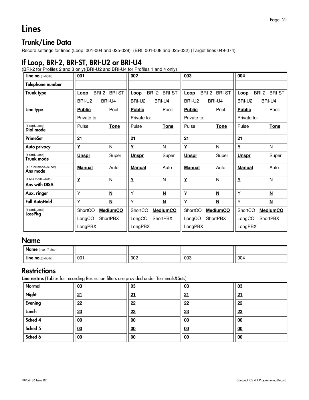 Nortel Networks ICS 4.1 manual Lines, Trunk/Line Data, If Loop, BRI-2, BRI-ST, BRI-U2 or BRI-U4 