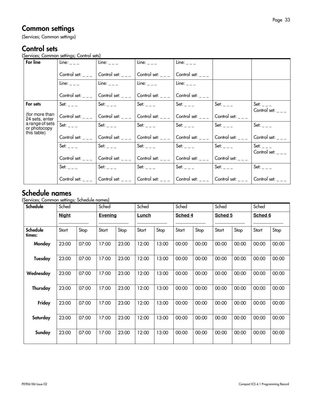 Nortel Networks ICS 4.1 manual Common settings, Control sets, Schedule names 