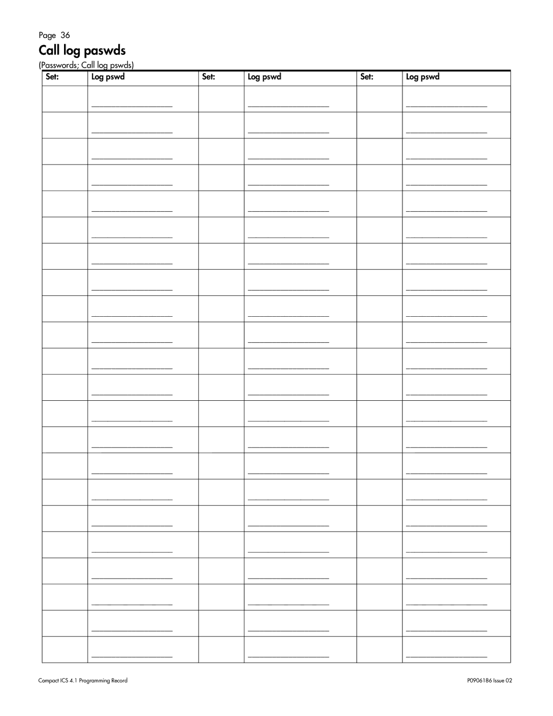 Nortel Networks ICS 4.1 manual Call log paswds 