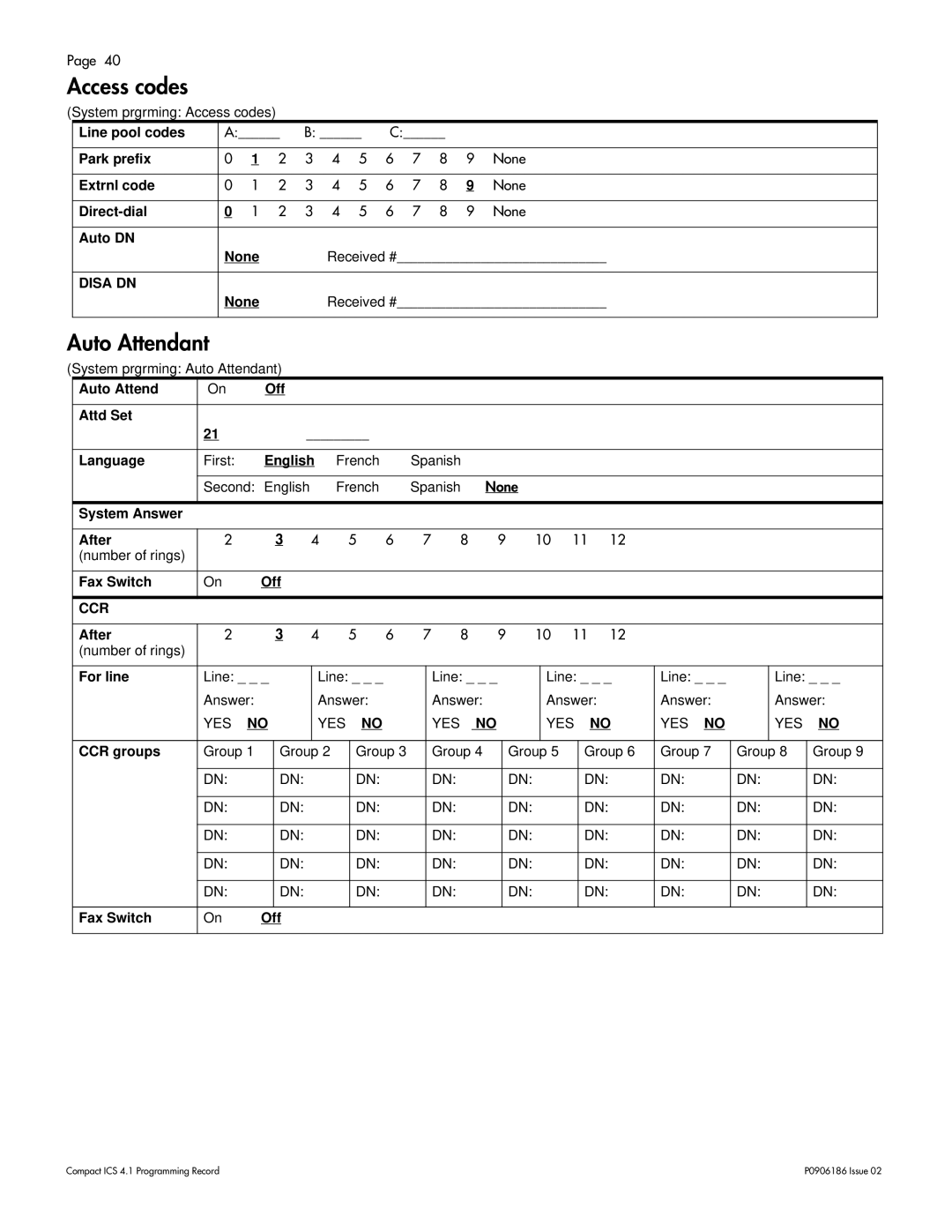 Nortel Networks ICS 4.1 manual Access codes, Auto Attendant 