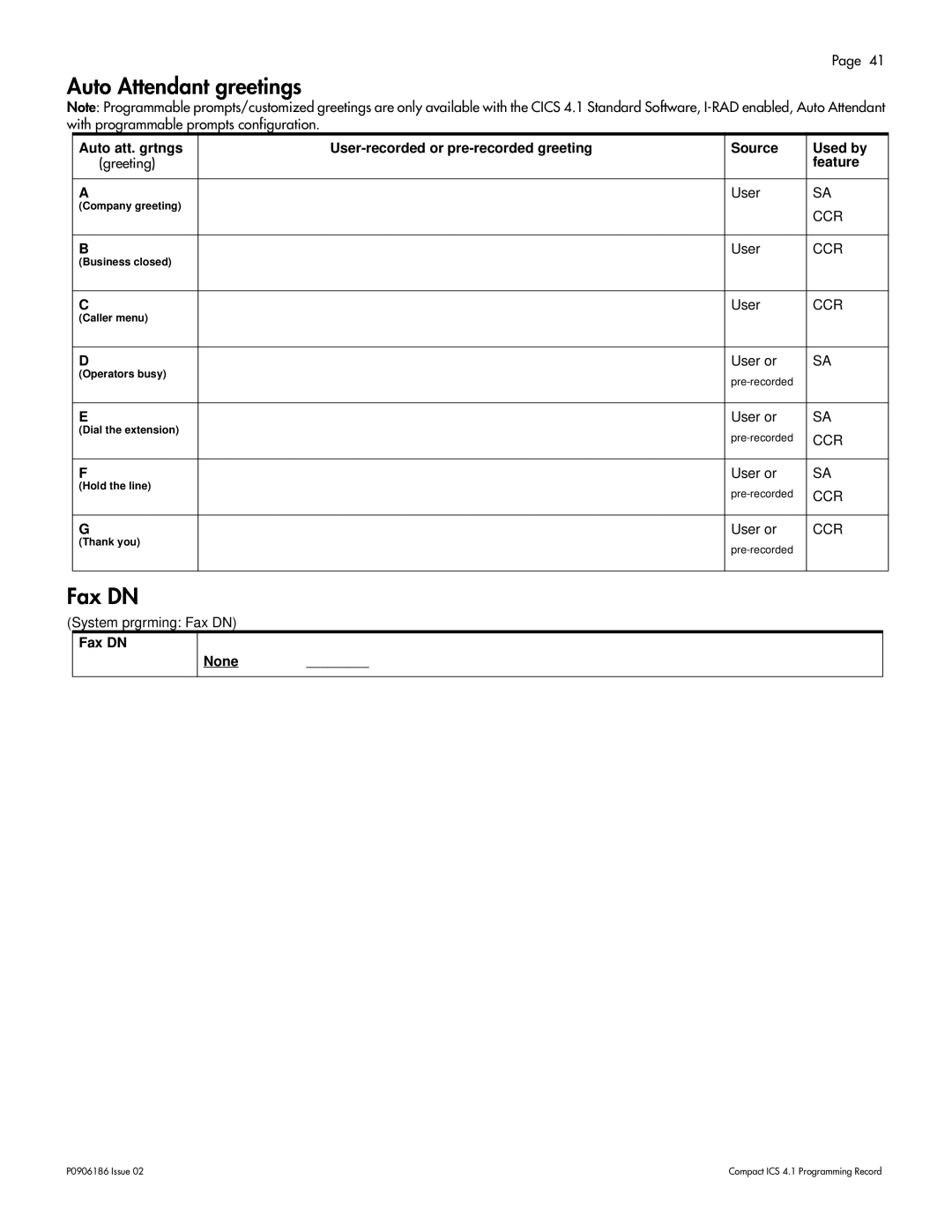 Nortel Networks ICS 4.1 manual Auto Attendant greetings, Feature, Fax DN None 