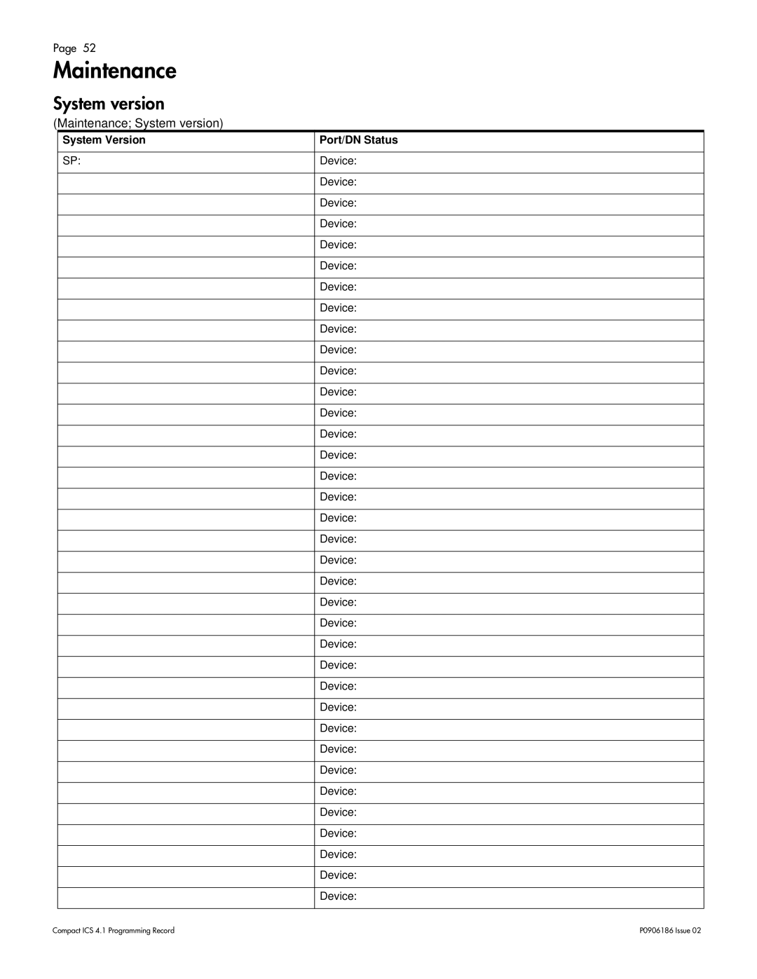 Nortel Networks ICS 4.1 manual Maintenance System version, System Version Port/DN Status 