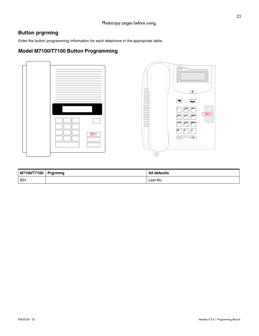 Nortel Networks ICS 6.1 manual Button prgrming, Model M7100/T7100 Button Programming 