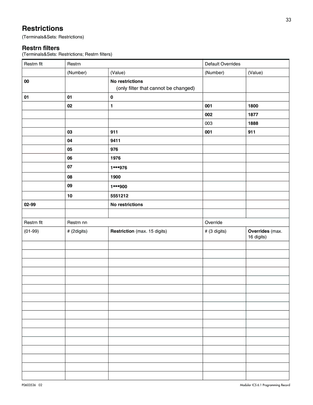 Nortel Networks ICS 6.1 manual Restrictions, Restrn filters, Only filter that cannot be changed 