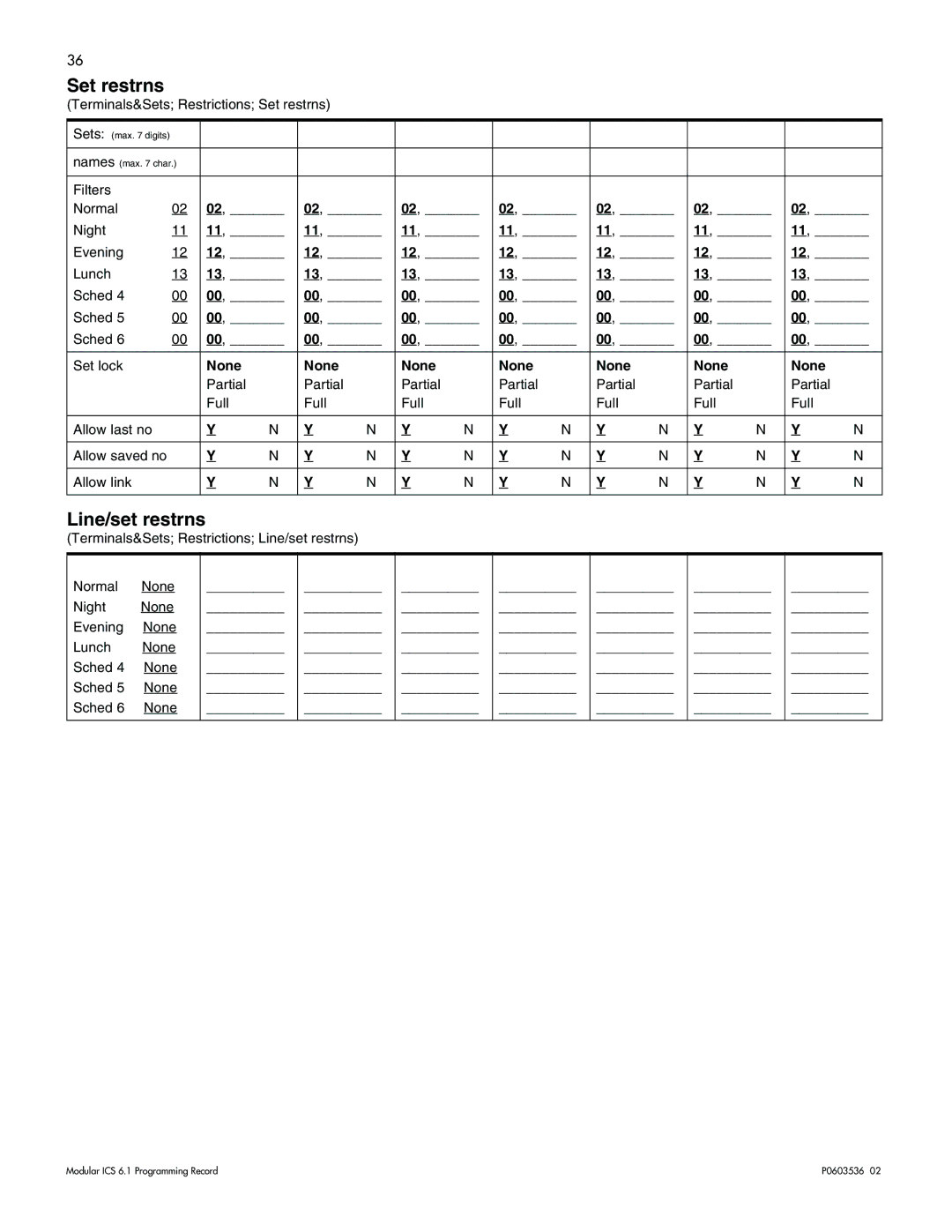 Nortel Networks ICS 6.1 manual Set restrns, Line/set restrns 