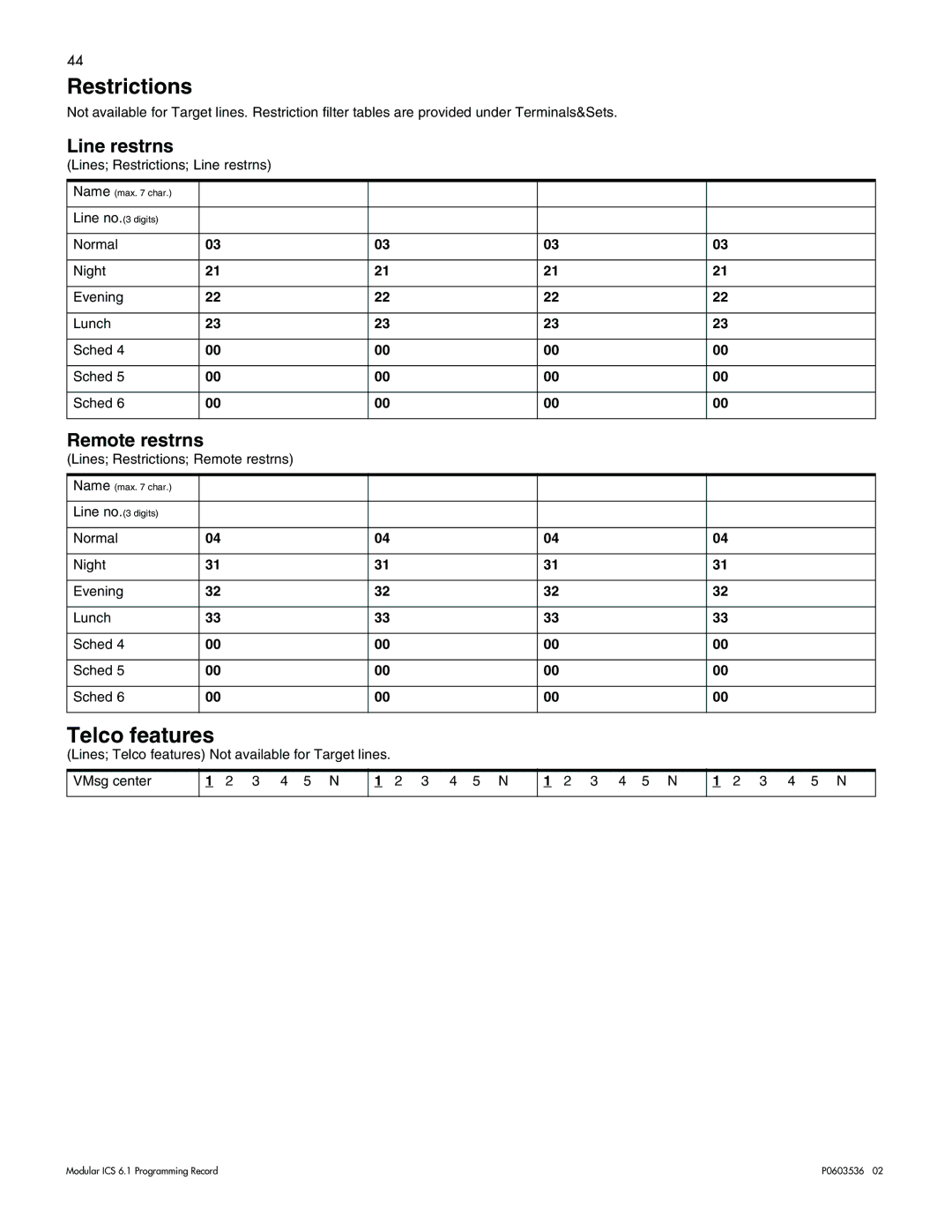 Nortel Networks ICS 6.1 manual Telco features, Line restrns, Remote restrns, Normal Night Evening Lunch Sched 