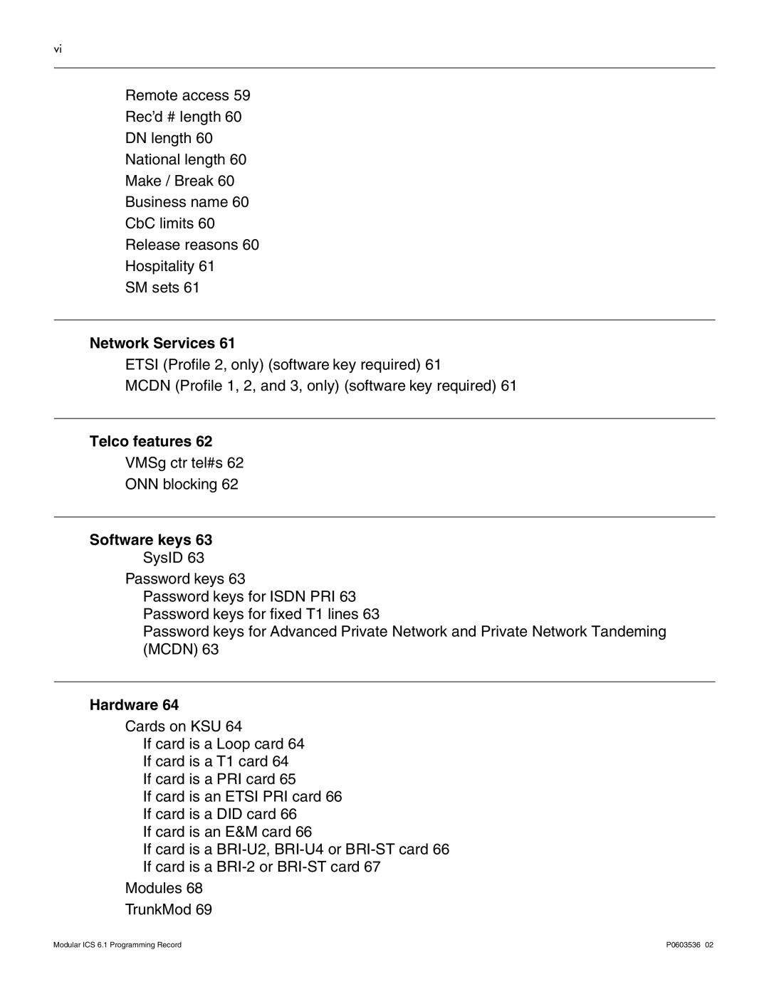 Nortel Networks ICS 6.1 manual Network Services, Telco features, Software keys 