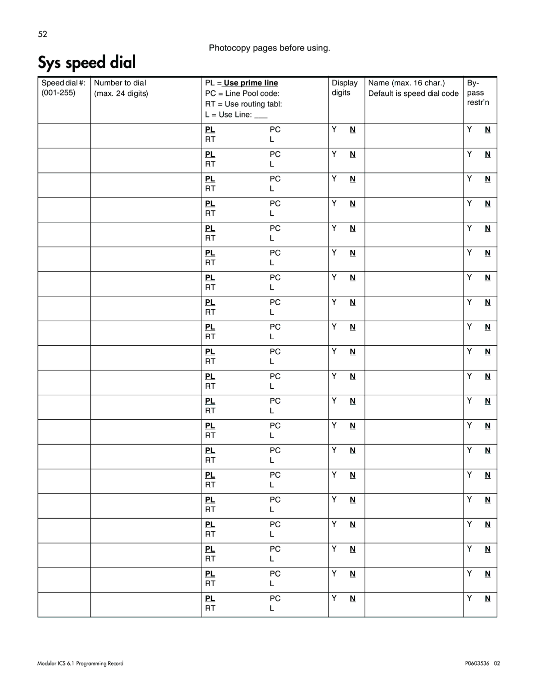 Nortel Networks ICS 6.1 manual Sys speed dial, PL = Use prime line 