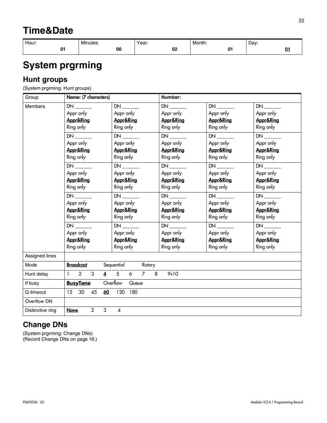 Nortel Networks ICS 6.1 manual Time&Date, System prgrming, Hunt groups, Change DNs 