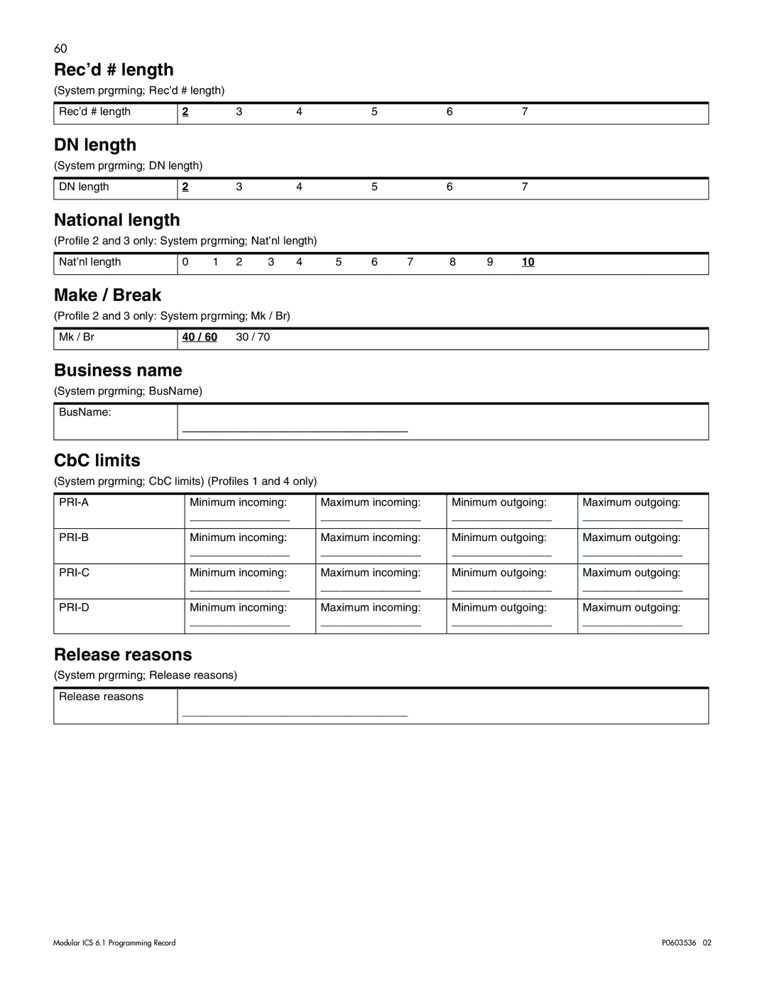 Nortel Networks ICS 6.1 manual Rec’d # length, DN length, National length, Make / Break, Business name, CbC limits 