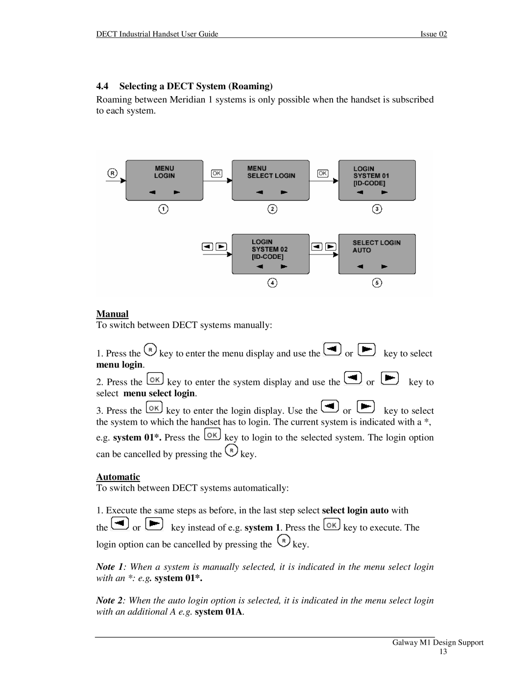 Nortel Networks Industrial Handset manual Selecting a Dect System Roaming, Manual, Menu login, Select menu select login 