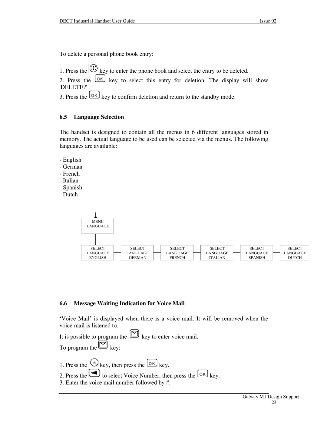 Nortel Networks Industrial Handset manual Language Selection, Message Waiting Indication for Voice Mail 