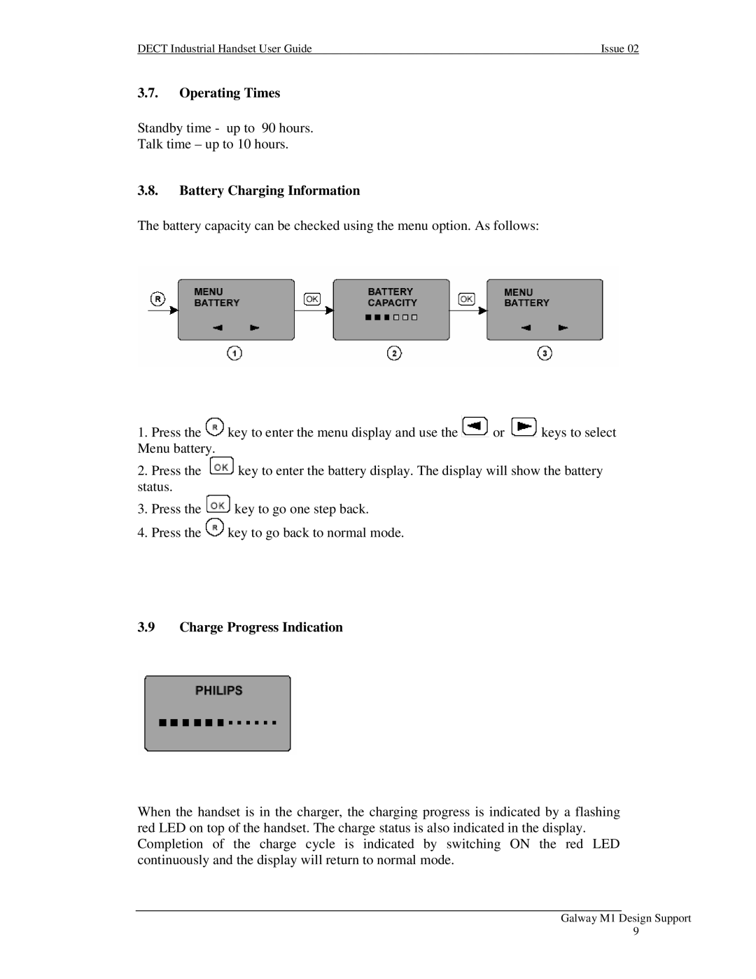 Nortel Networks Industrial Handset manual Operating Times, Battery Charging Information, Charge Progress Indication 