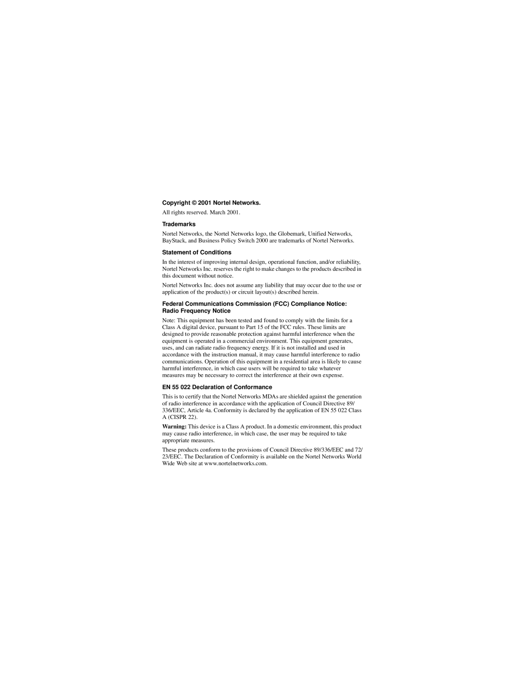 Nortel Networks Installing Media Dependent Adapters manual Copyright 2001 Nortel Networks 