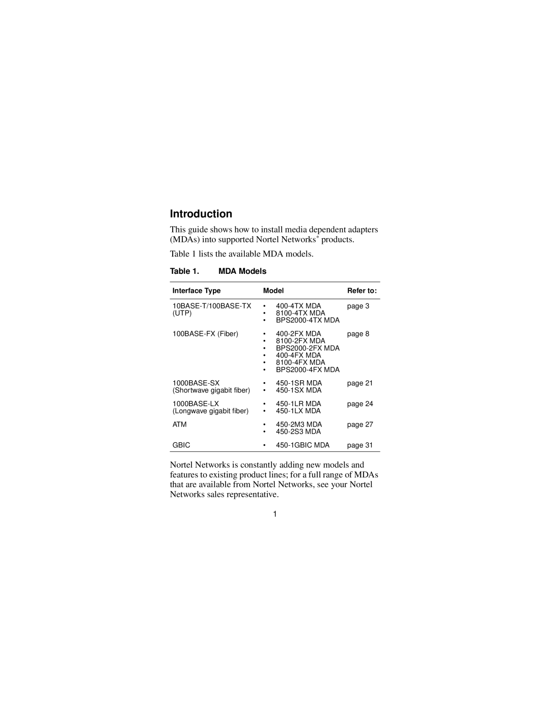 Nortel Networks Installing Media Dependent Adapters manual Introduction, MDA Models 