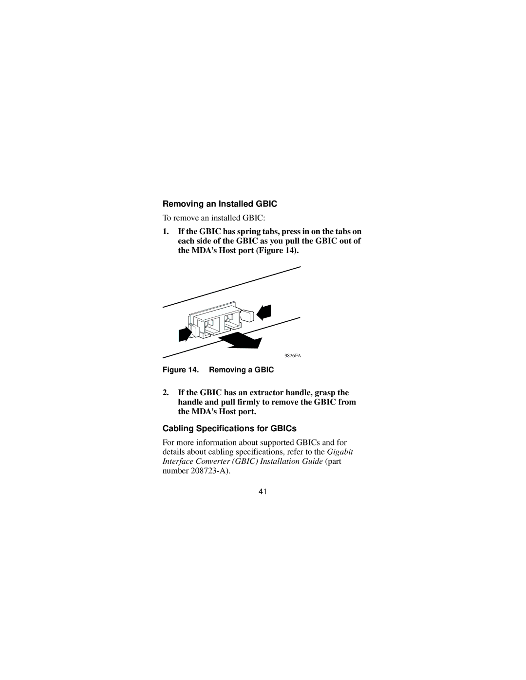 Nortel Networks Installing Media Dependent Adapters manual Removing an Installed Gbic, Cabling Specifications for GBICs 