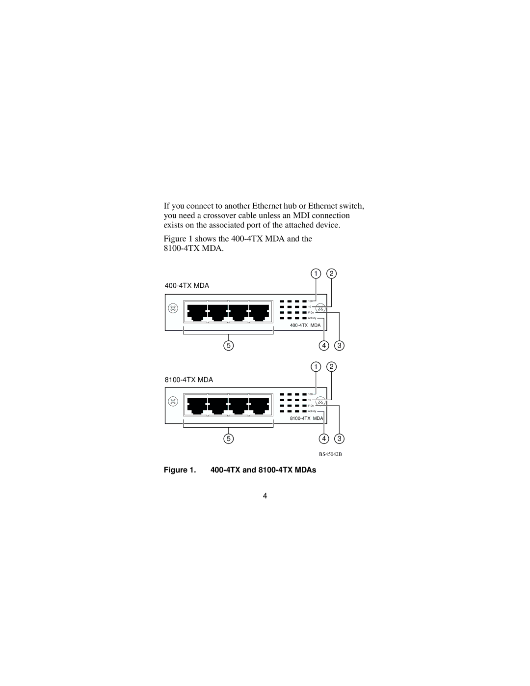 Nortel Networks Installing Media Dependent Adapters manual Shows the 400-4TX MDA and the 8100-4TX MDA 