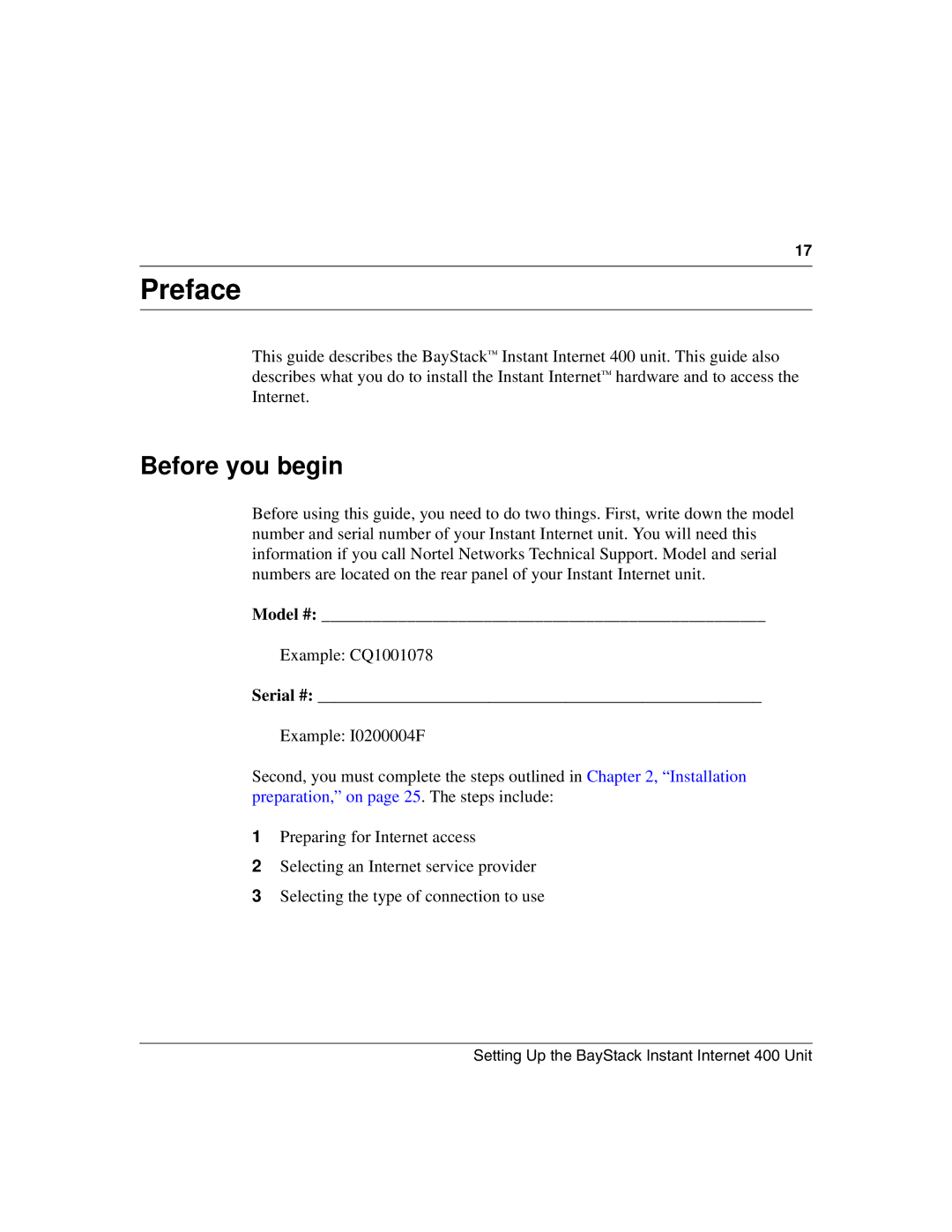 Nortel Networks Instant Internet 400 Unit manual Preface, Before you begin 