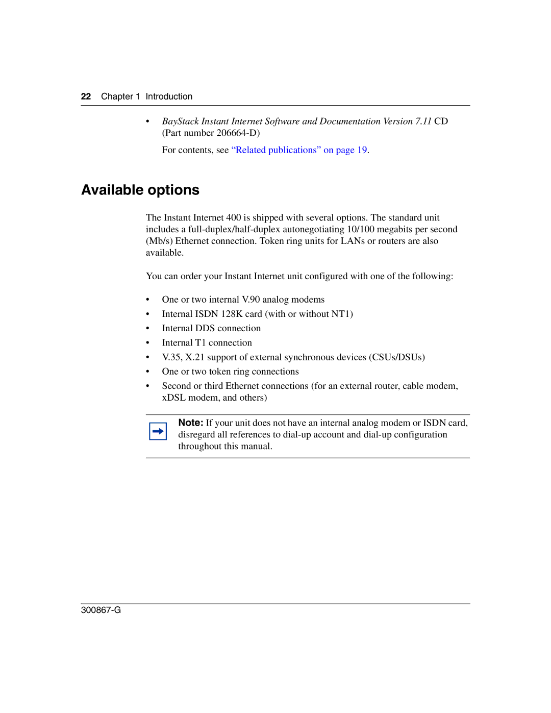 Nortel Networks Instant Internet 400 Unit manual Available options, Introduction 