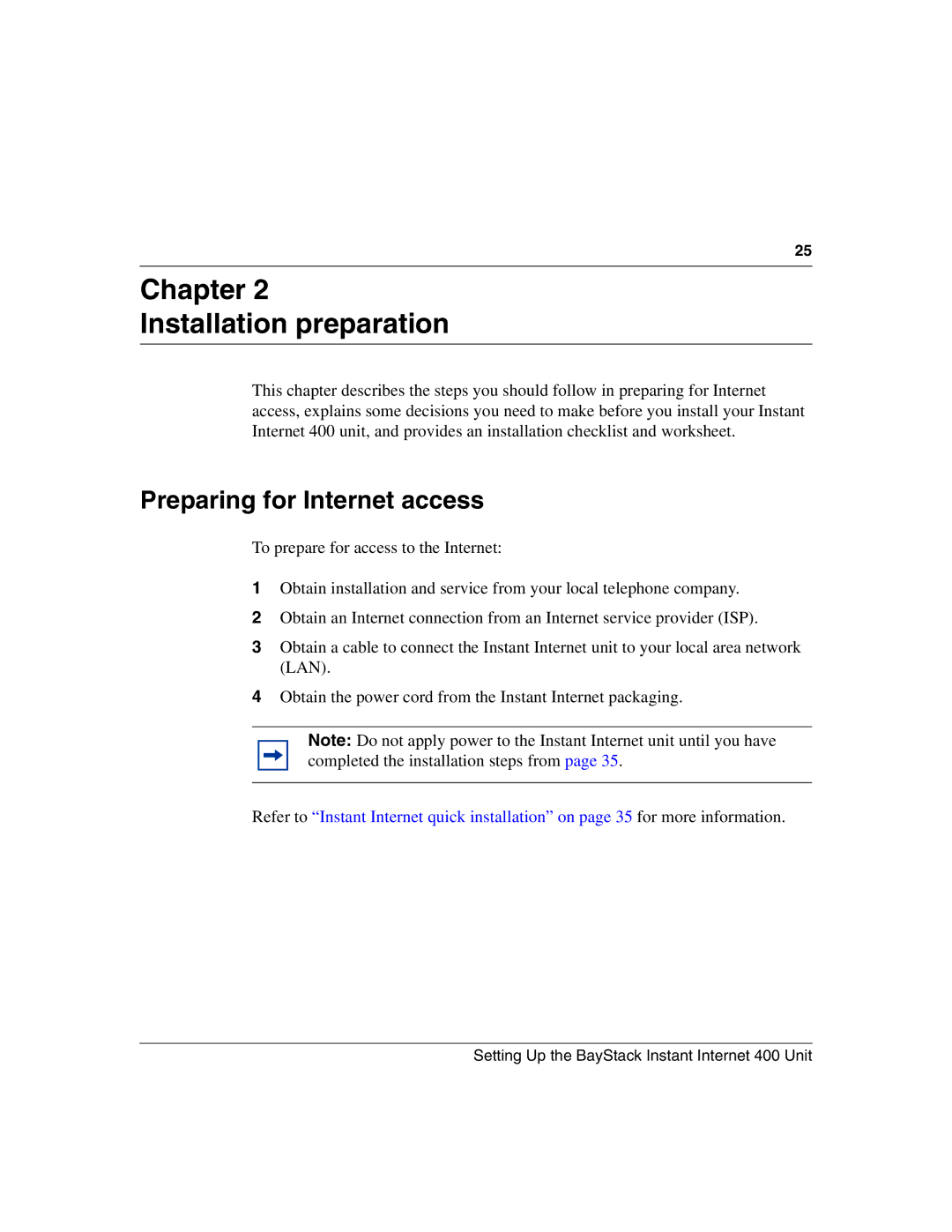 Nortel Networks Instant Internet 400 Unit manual Chapter Installation preparation, Preparing for Internet access 