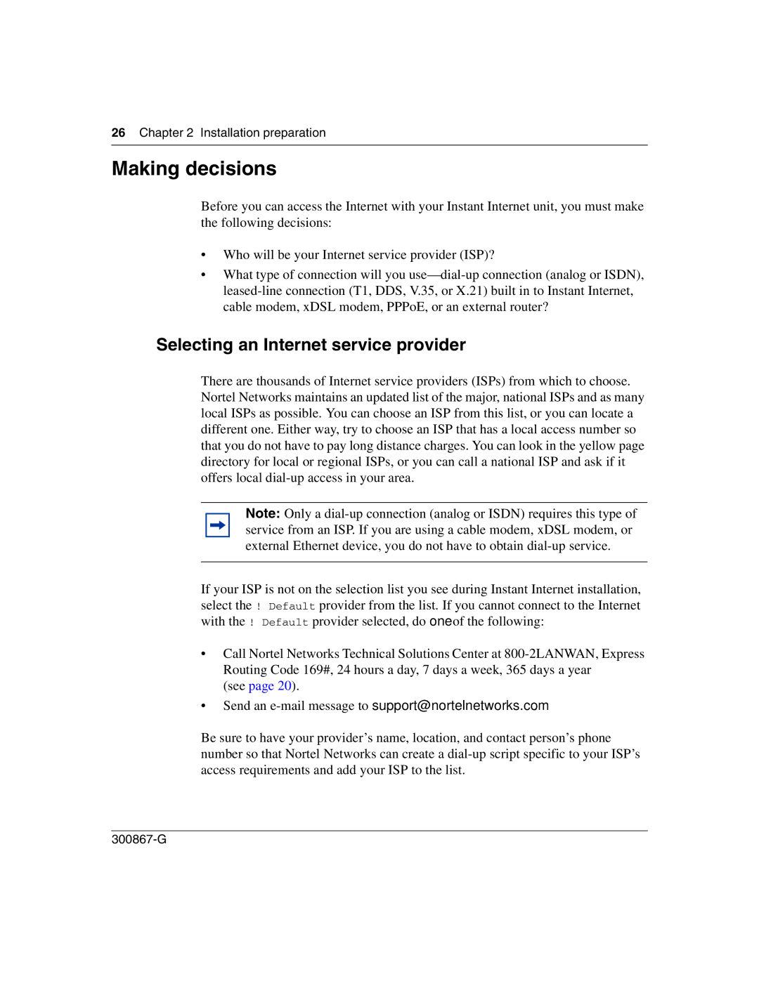 Nortel Networks Instant Internet 400 Unit manual Making decisions, Selecting an Internet service provider 