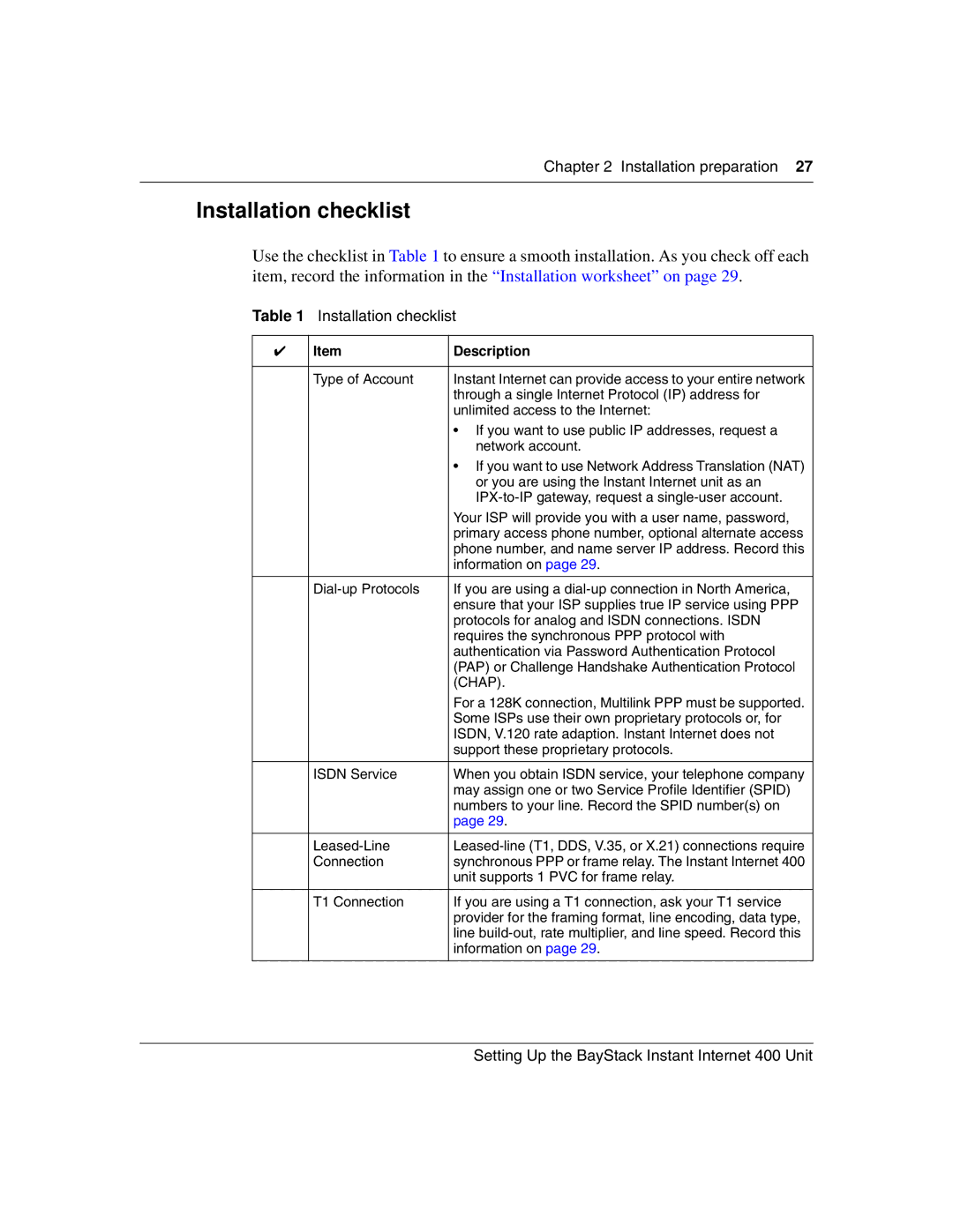 Nortel Networks Instant Internet 400 Unit manual Installation checklist 