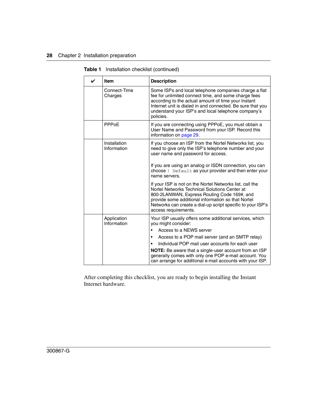 Nortel Networks Instant Internet 400 Unit manual Installation preparation Installation checklist 