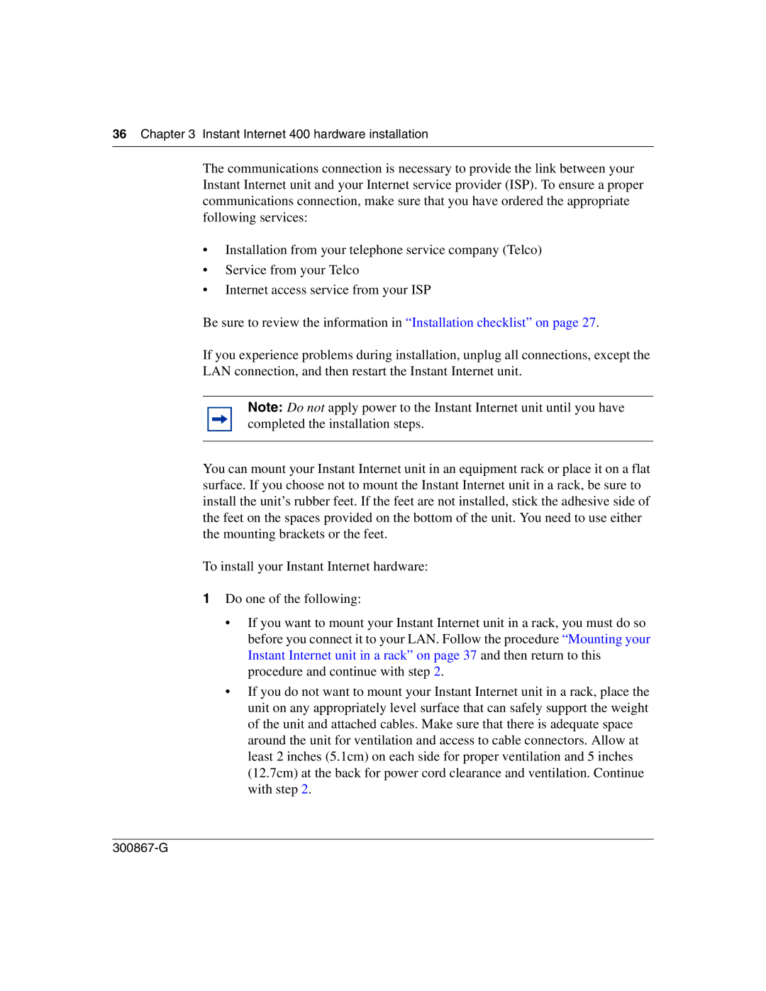 Nortel Networks Instant Internet 400 Unit manual Instant Internet 400 hardware installation 