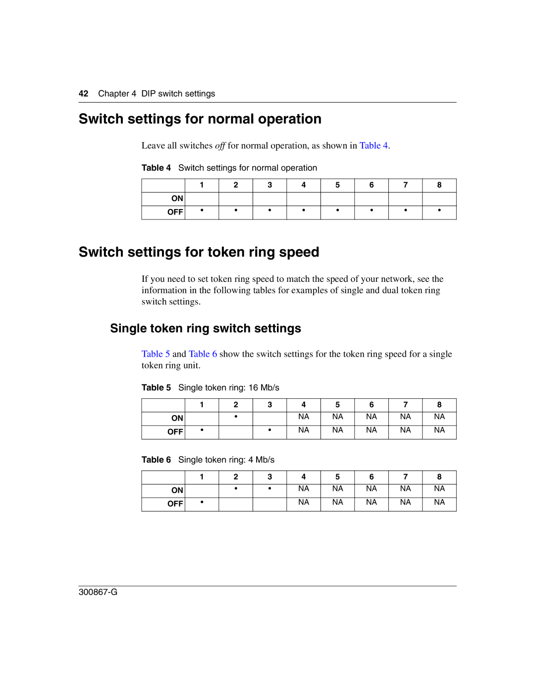 Nortel Networks Instant Internet 400 Unit manual Switch settings for normal operation, Switch settings for token ring speed 