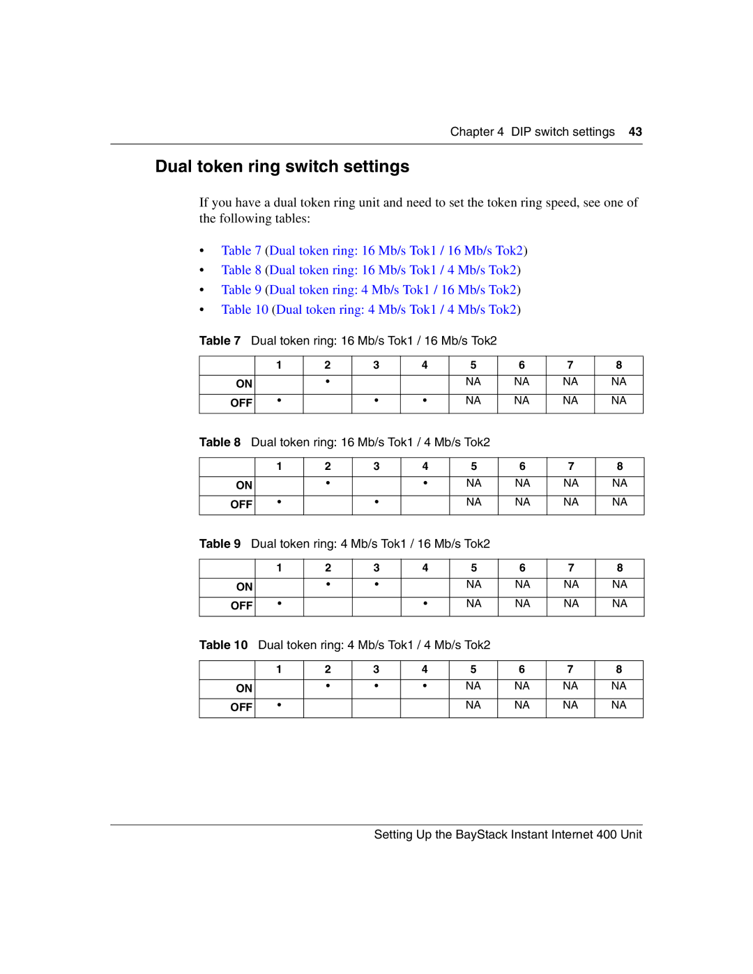 Nortel Networks Instant Internet 400 Unit Dual token ring switch settings, Dual token ring 16 Mb/s Tok1 / 16 Mb/s Tok2 