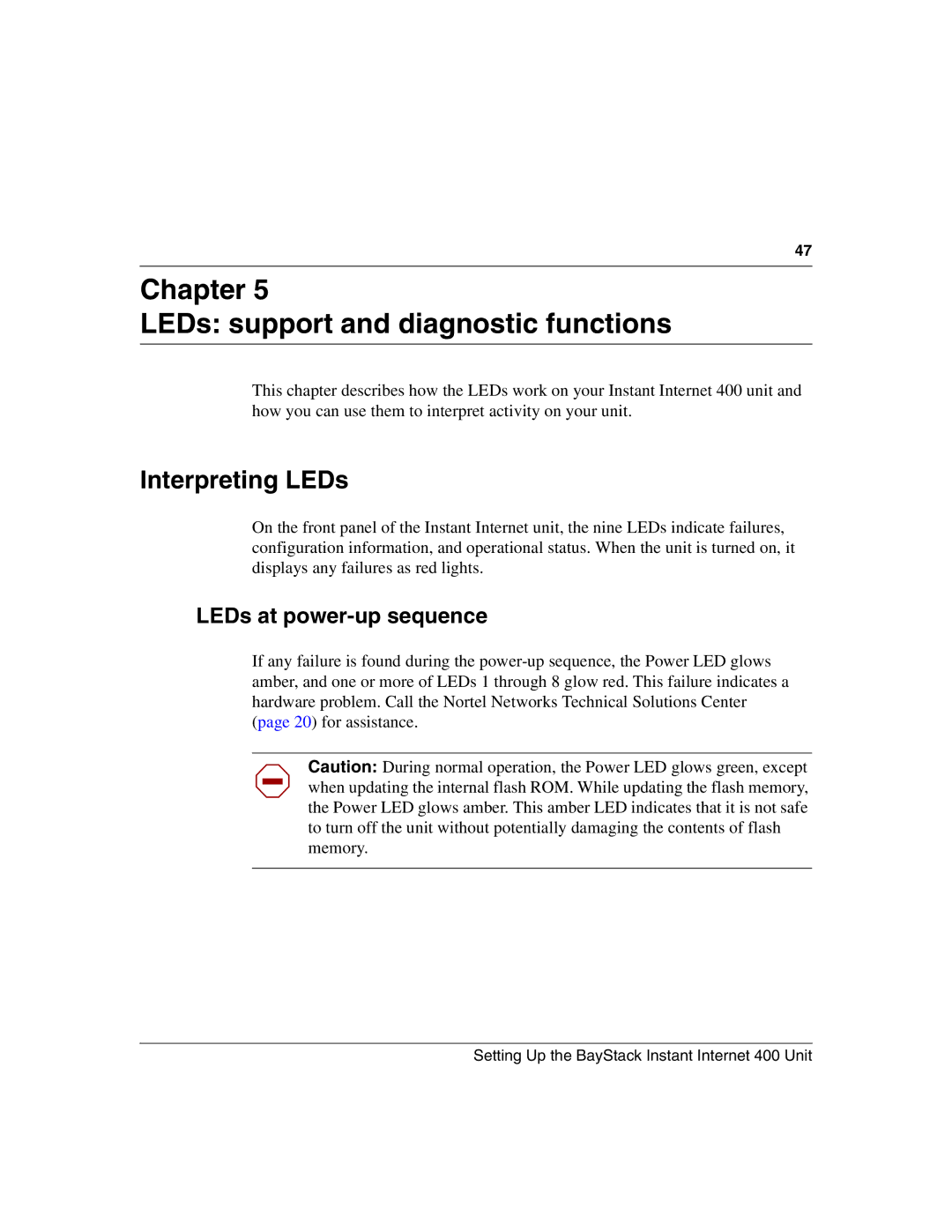 Nortel Networks Instant Internet 400 Unit manual Chapter LEDs support and diagnostic functions, Interpreting LEDs 