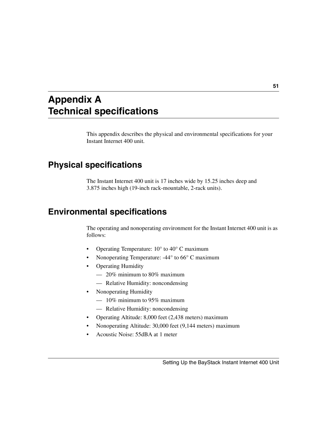 Nortel Networks Instant Internet 400 Unit manual Appendix a Technical specifications, Physical specifications 