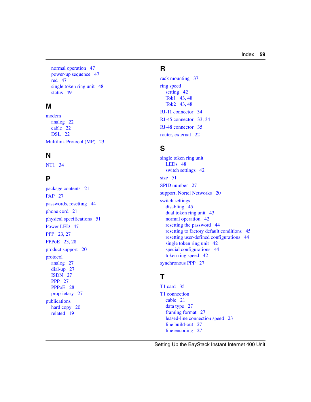 Nortel Networks Instant Internet 400 Unit manual Index 