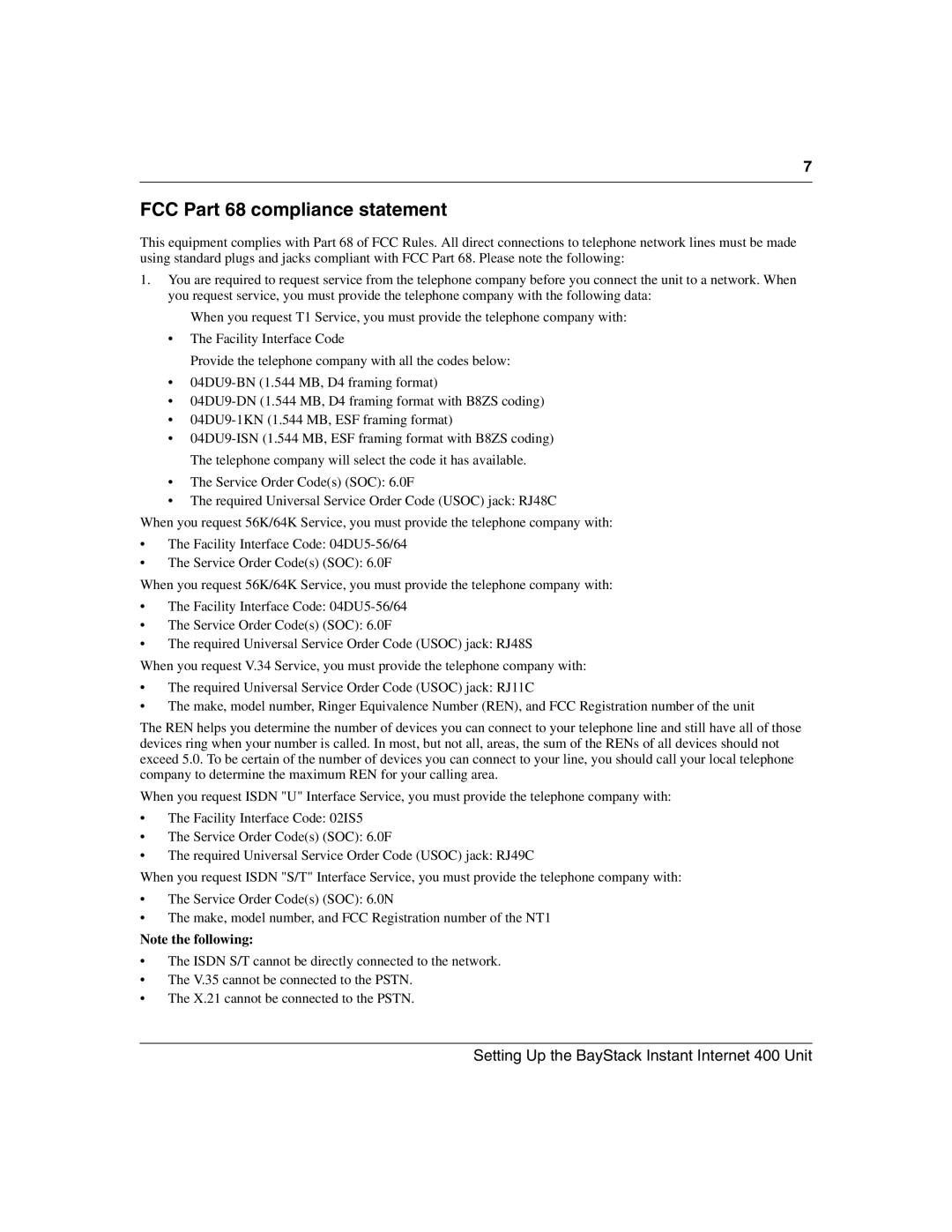 Nortel Networks Instant Internet 400 Unit manual FCC Part 68 compliance statement 