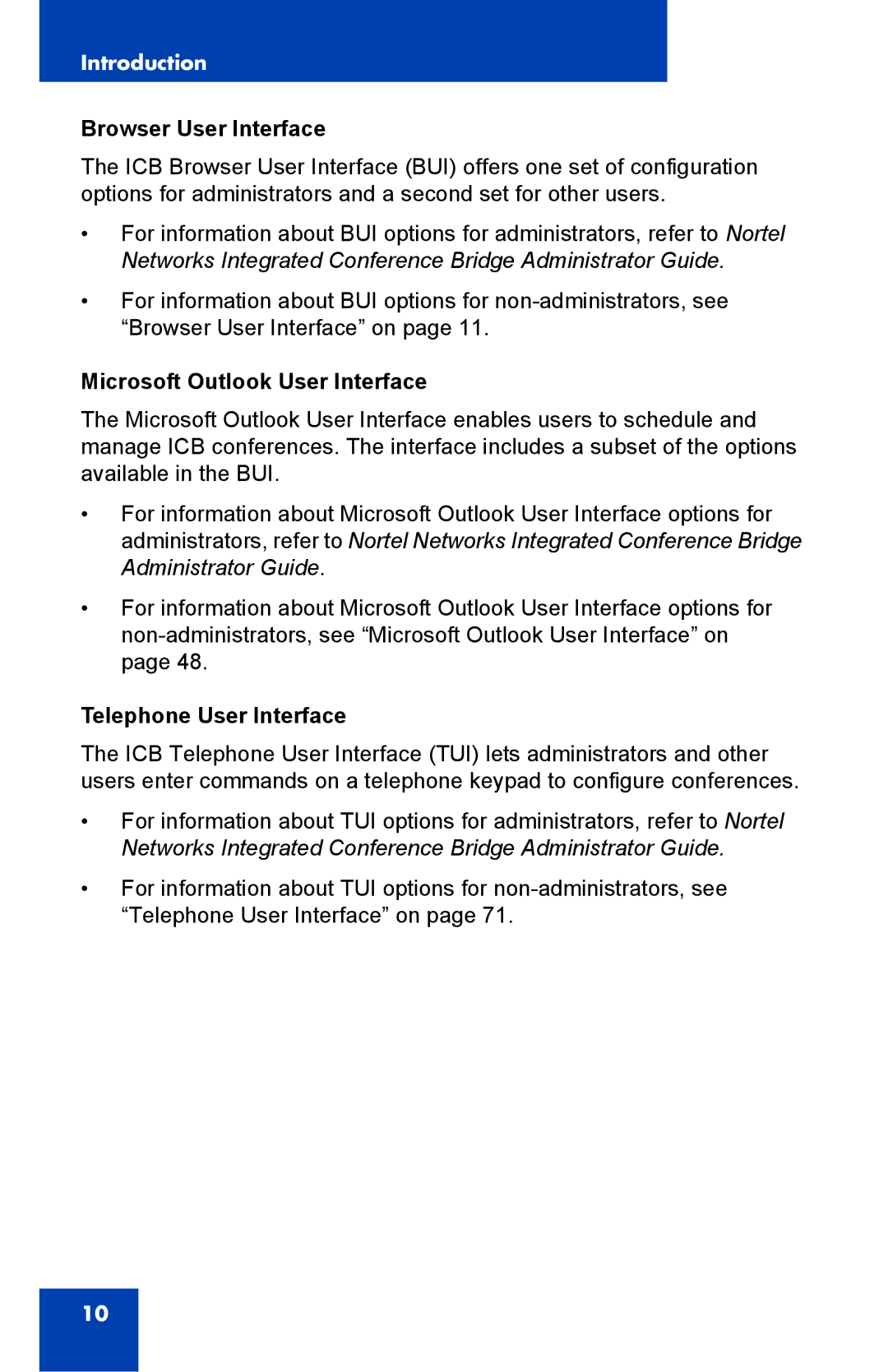 Nortel Networks Integrated Conference Bridge manual Browser User Interface, Microsoft Outlook User Interface 