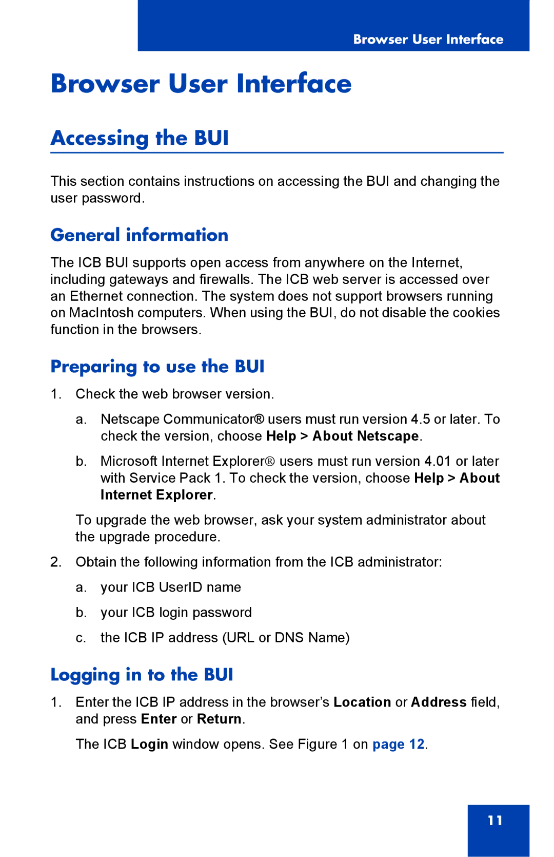 Nortel Networks Integrated Conference Bridge manual Accessing the BUI, General information, Preparing to use the BUI 